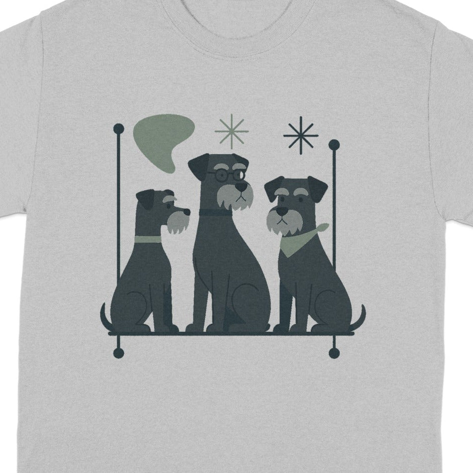 Three schnauzers sit on a shelf with decorative shapes and stars above them.