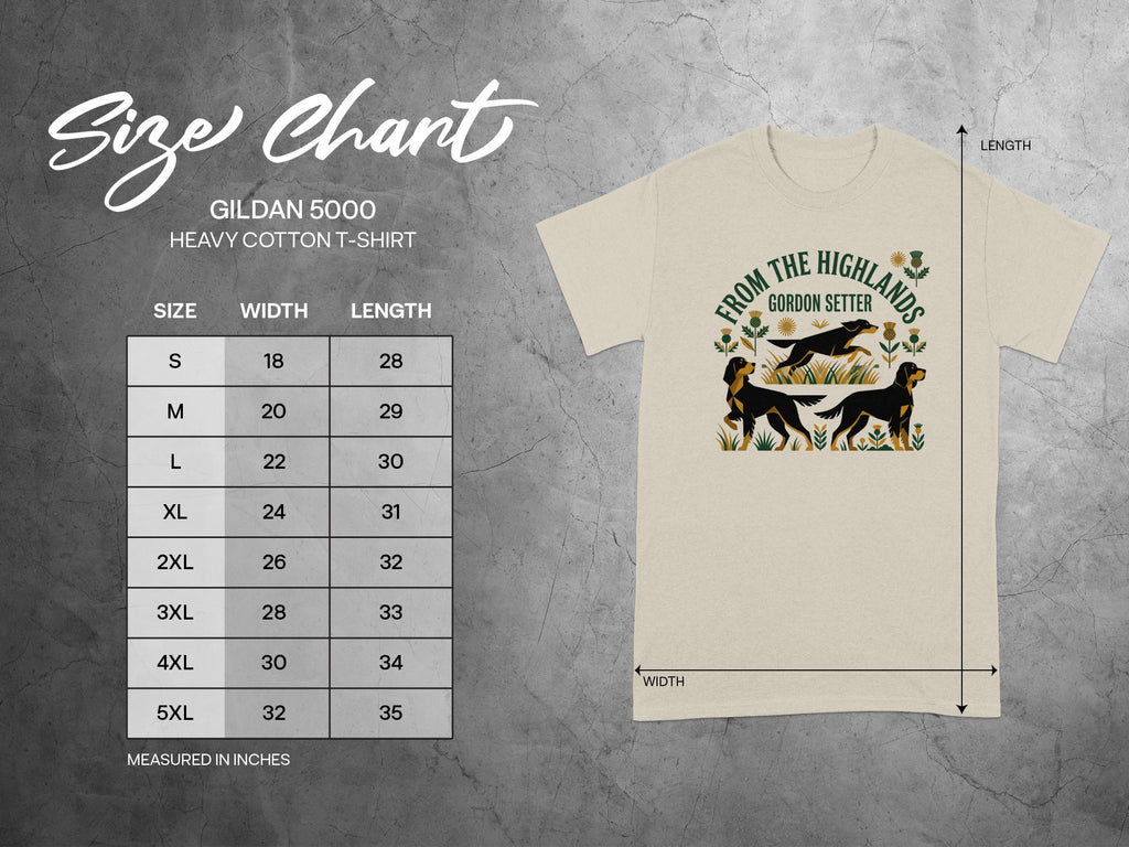 Gildan 5000 t-shirt size chart with Gordon Setter graphic.