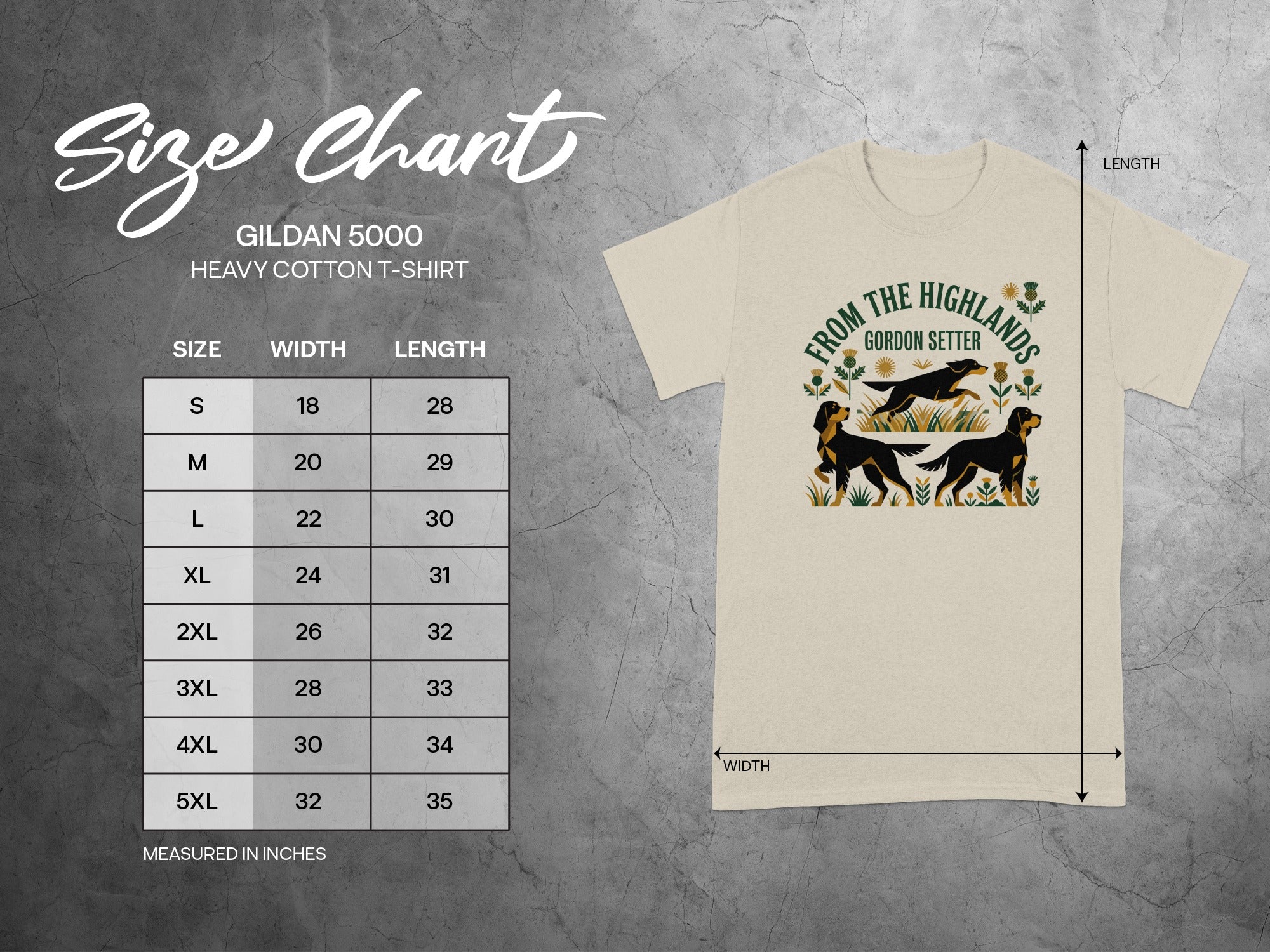Gildan 5000 t-shirt size chart with Gordon Setter graphic.