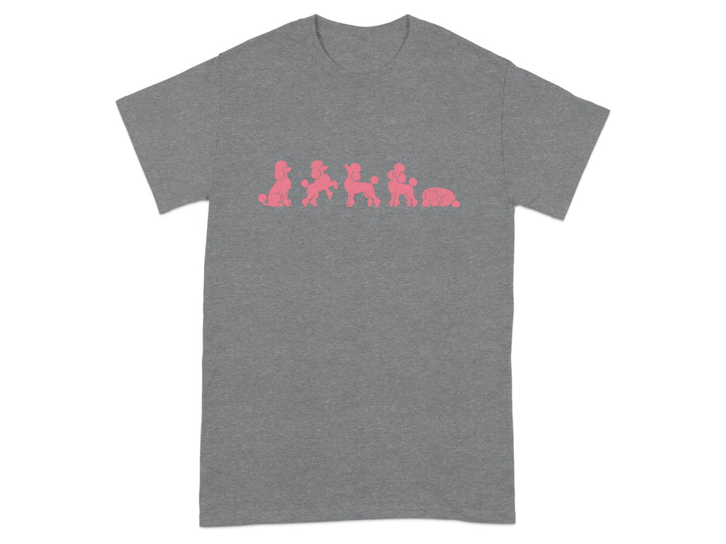 Grey t-shirt with a pink graphic of five poodles in different poses.