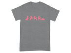 Grey t-shirt with a pink graphic of five poodles in different poses.