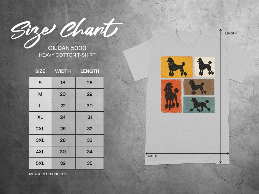 Gildan 5000 Heavy Cotton T-Shirt size chart for width and length in inches.