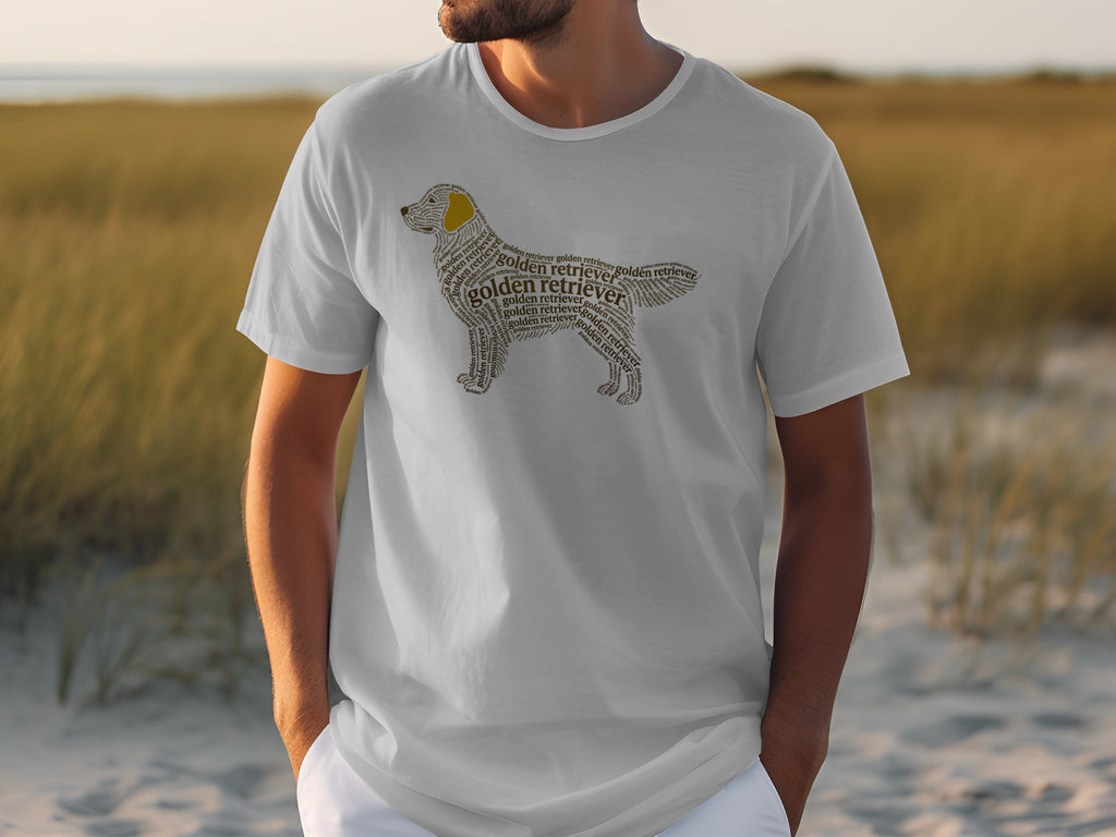 White t-shirt with golden retriever outline made of text.