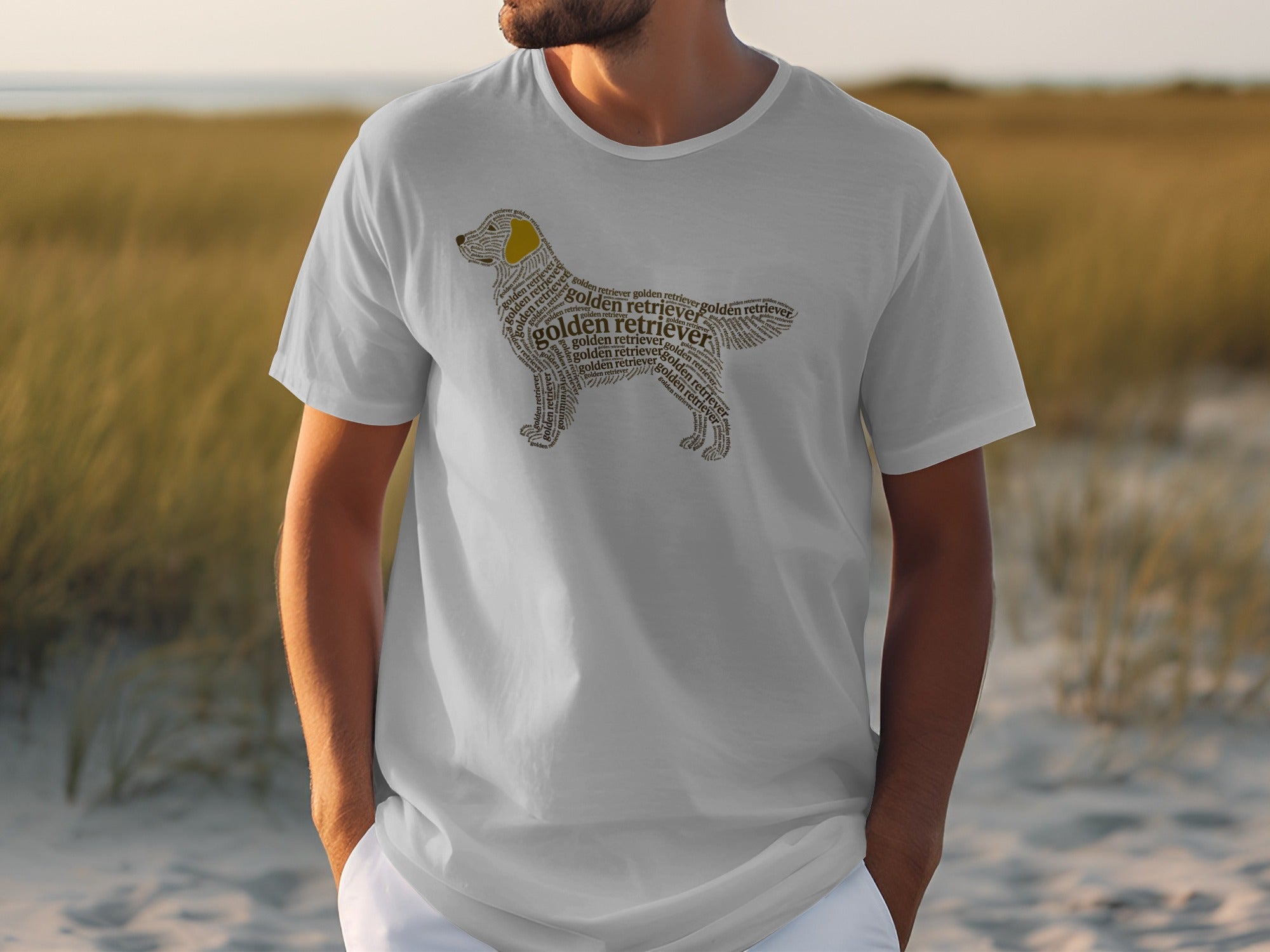 White t-shirt with golden retriever outline made of text.