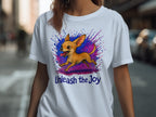 White t-shirt with a jumping chihuahua and the text "Unleash the Joy."