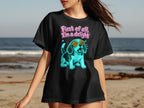 Black t-shirt with a neon blue dog wearing sunglasses and text.