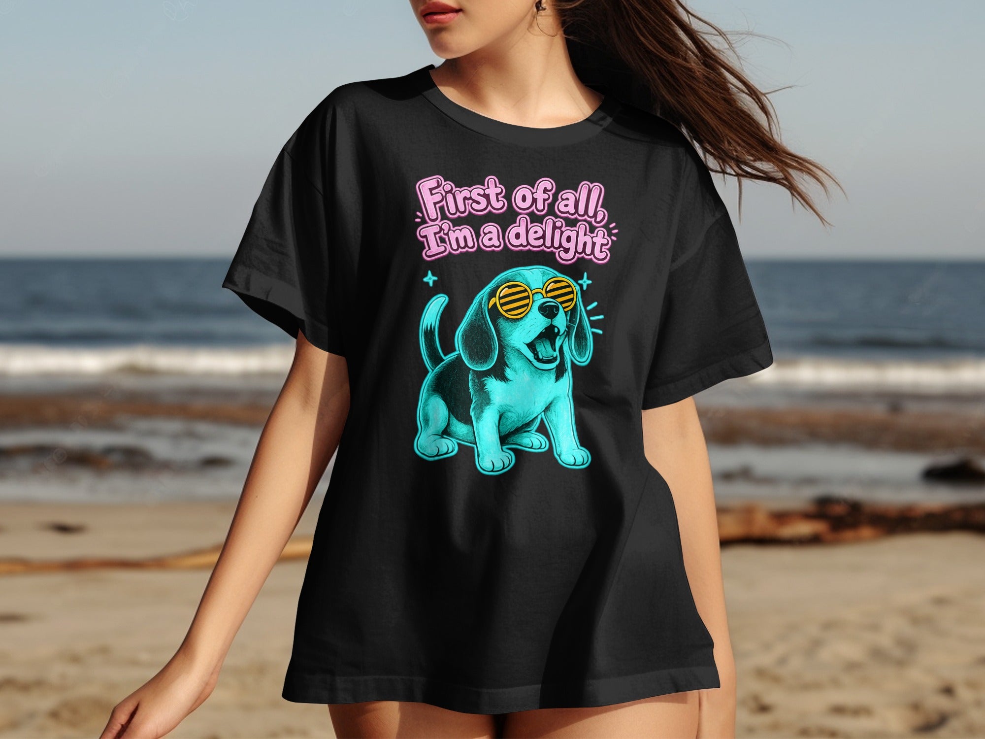 Black t-shirt with a neon blue dog wearing sunglasses and text.