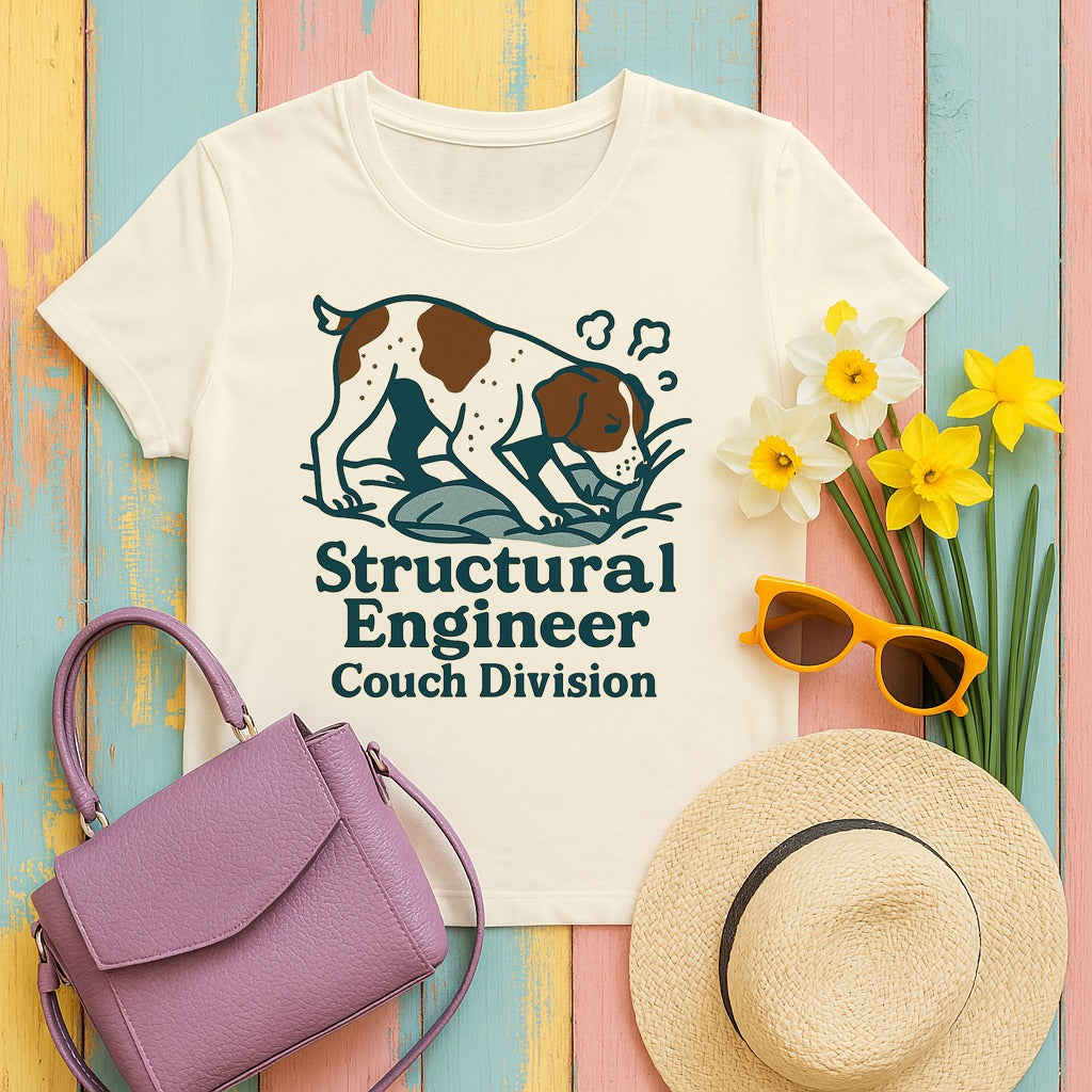 Brittany Spaniel Structural Engineer, Couch Division T-shirt in Natural