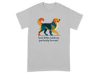 Grey t-shirt with a colorful geometric dog graphic and text.