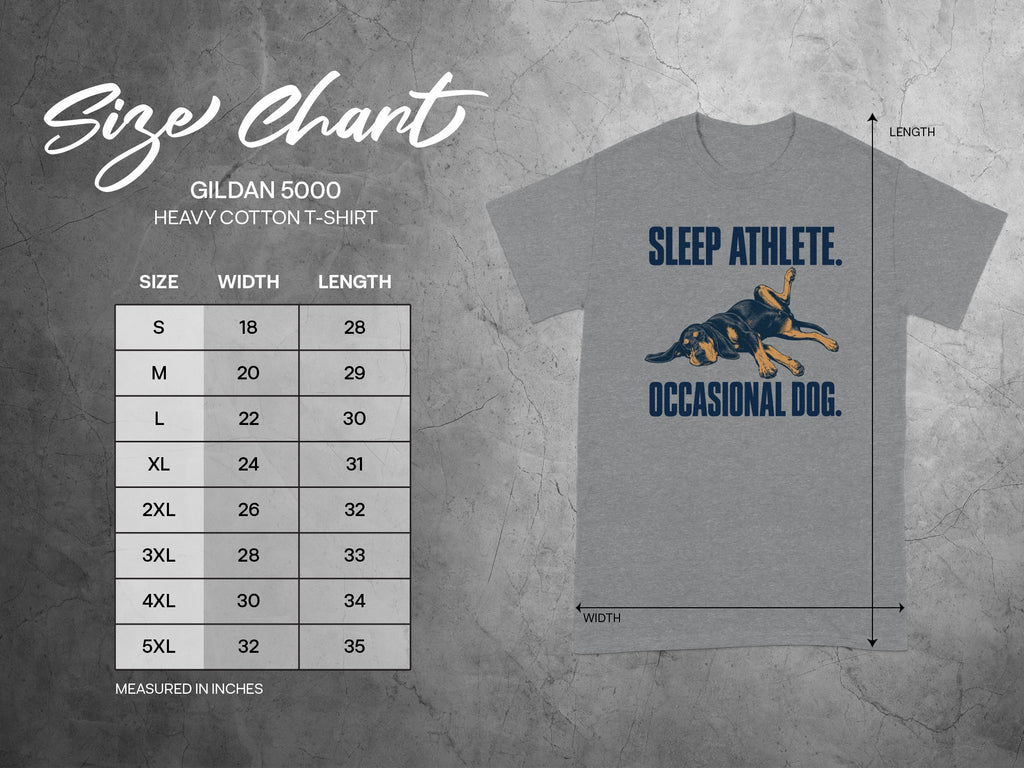 Gildan 5000 size chart with t-shirt graphic: "Sleep Athlete. Occasional Dog."
