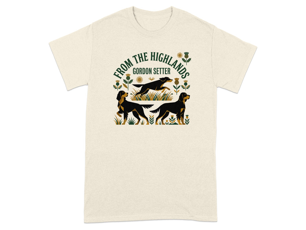 Gordon Setter dogs and thistles on a t-shirt, reading "From the Highlands".