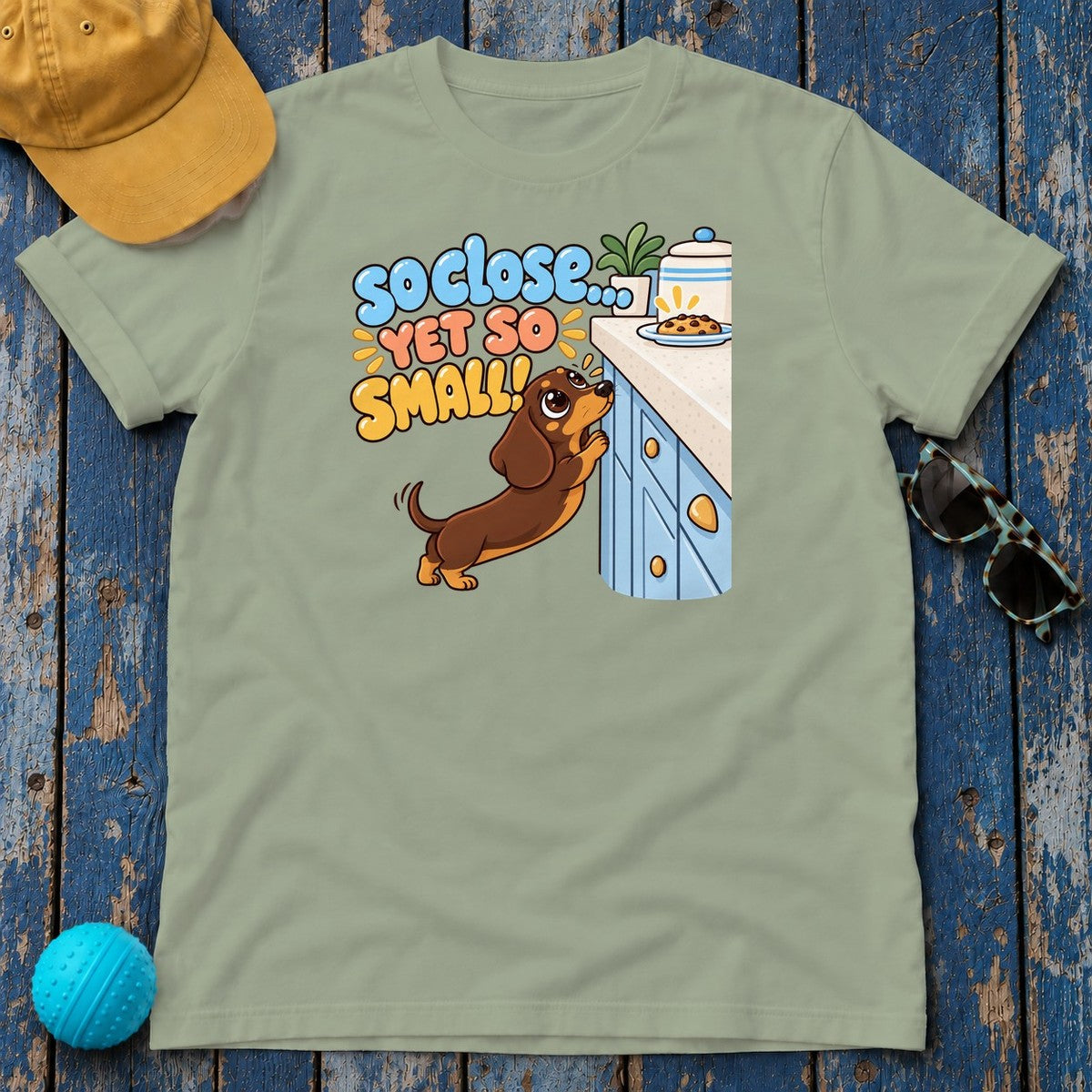 So Close Yet So Small Dachshund T-Shirt in Sage - flat lay