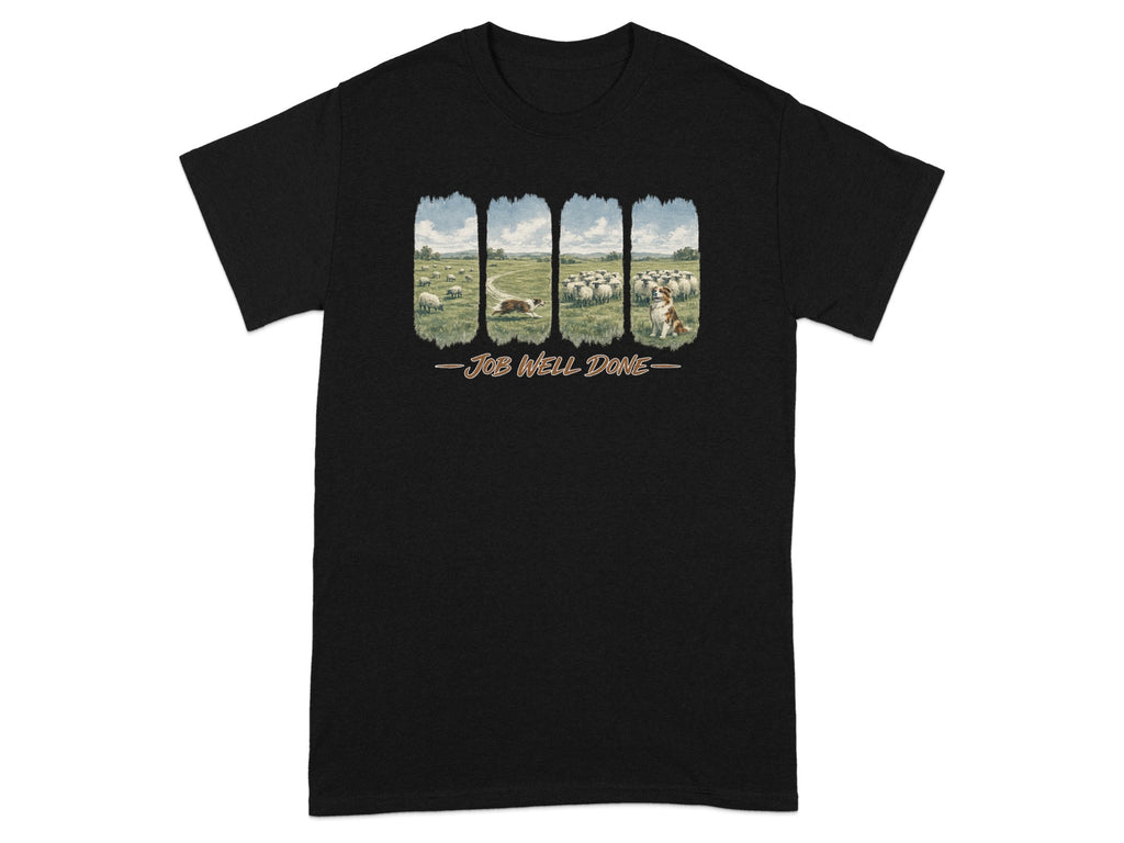Black t-shirt with a pastoral scene of sheep and dogs above the text "Job Well Done".