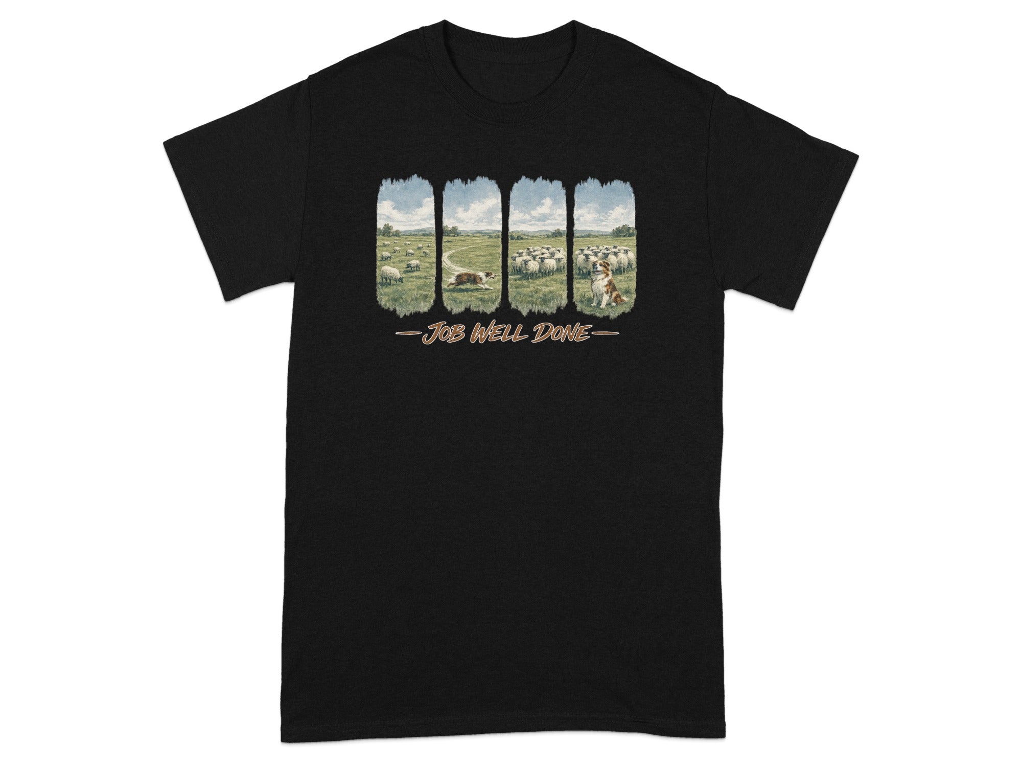 Black t-shirt with a pastoral scene of sheep and dogs above the text "Job Well Done".