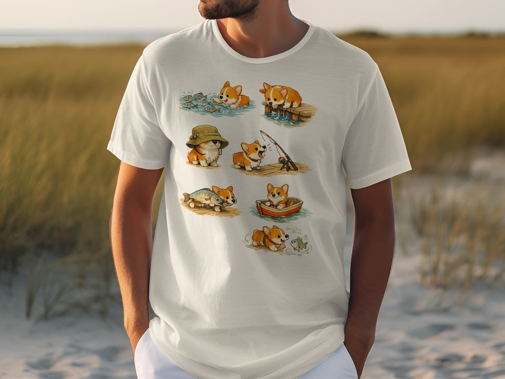 White t-shirt with a pattern of cartoon corgis fishing and interacting with fish.
