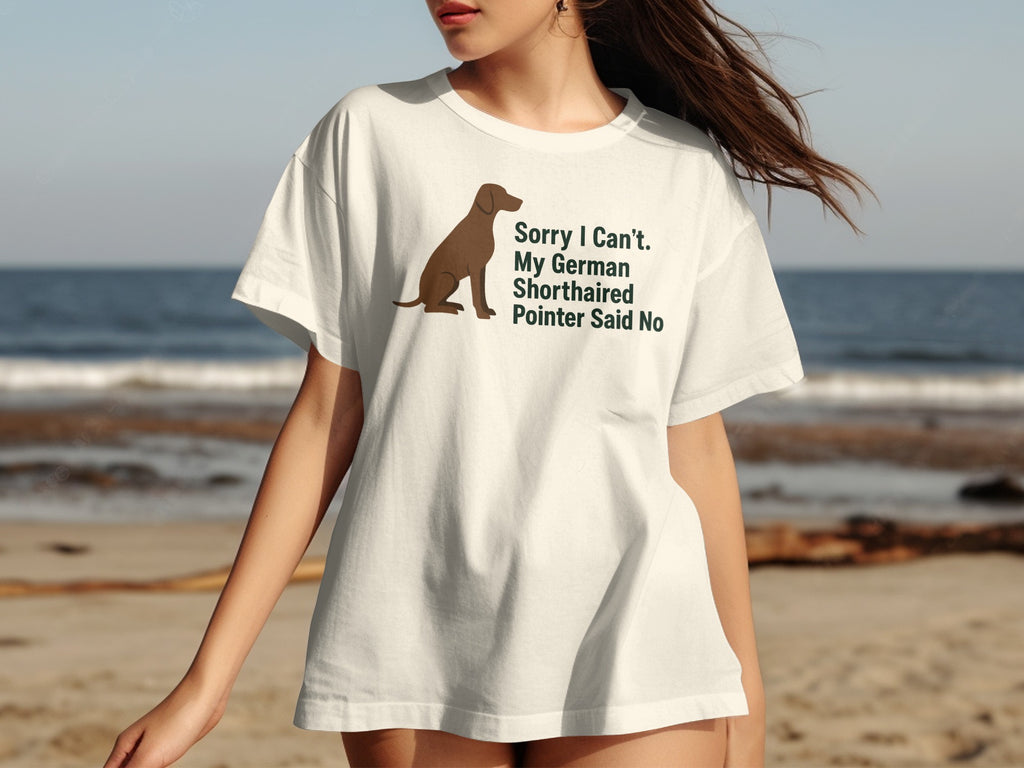 White t-shirt with brown German Shorthaired Pointer graphic and text.