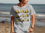 T-shirt features nine illustrations of a yellow dog gardening and interacting with plants.