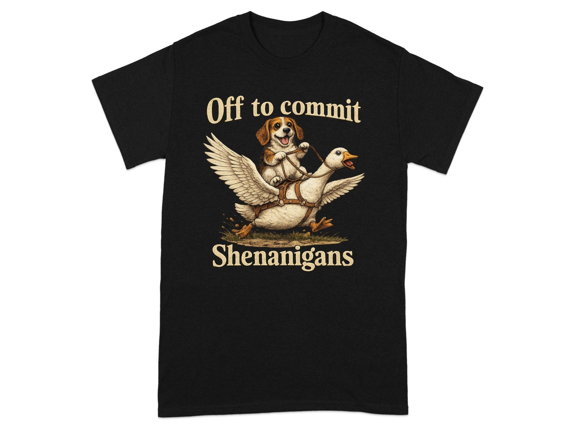 Black t-shirt with text "Off to commit Shenanigans" and dog riding a goose.