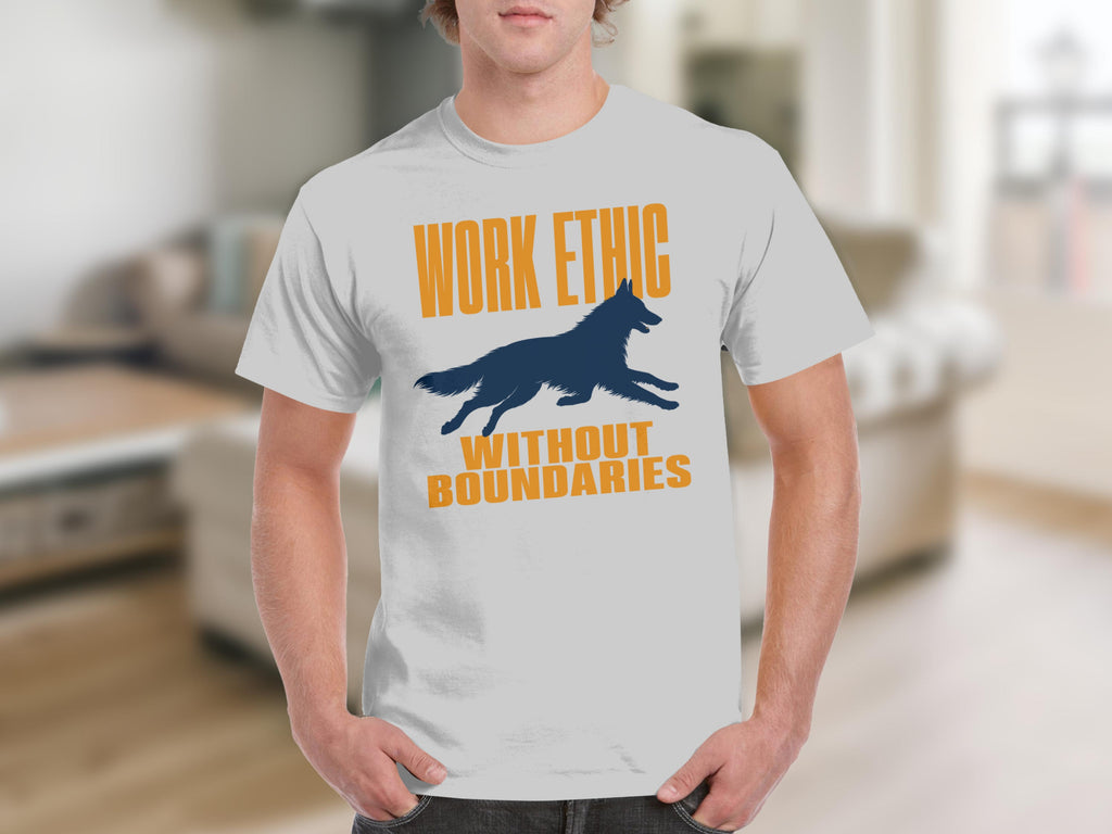 White t-shirt with "WORK ETHIC WITHOUT BOUNDARIES" text and silhouetted running dog.