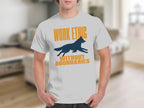 White t-shirt with "WORK ETHIC WITHOUT BOUNDARIES" text and silhouetted running dog.
