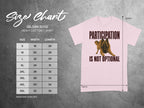 Gildan 5000 t-shirt size chart with "Participation Is Not Optional" graphic.