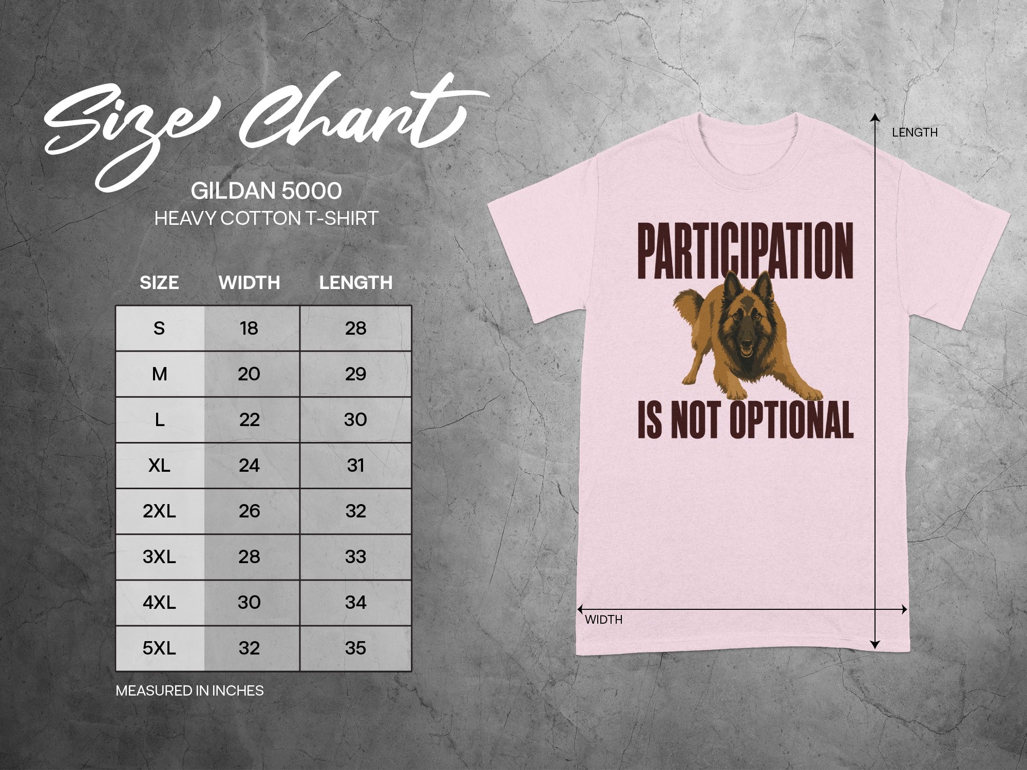 Gildan 5000 t-shirt size chart with "Participation Is Not Optional" graphic.