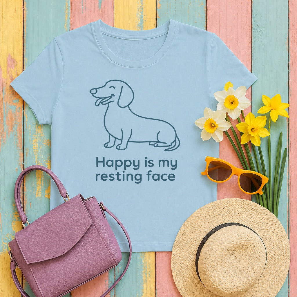 Happy Is My Resting Face - Funny Dachshund T-shirt in Light Blue