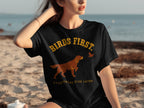 Black t-shirt with "BIRDS FIRST. EVERYTHING ELSE LATER." and dog/bird graphic.
