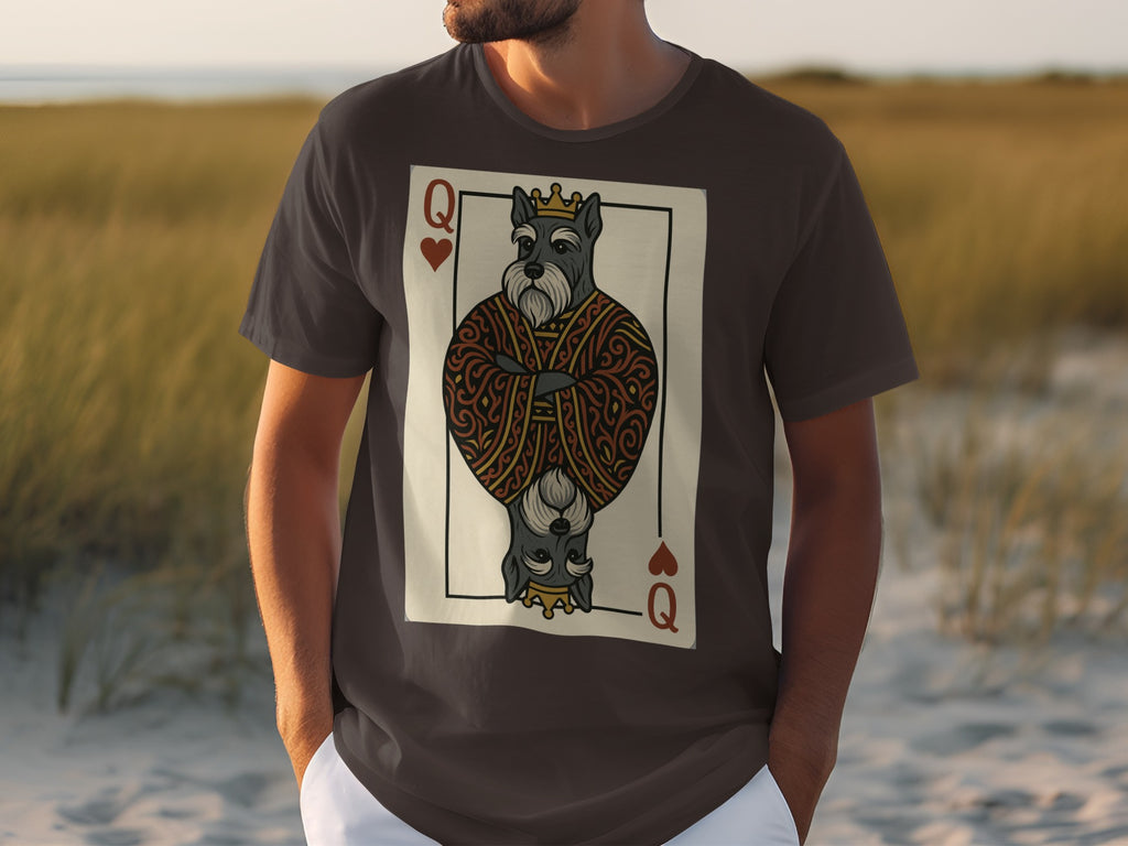 Grey t-shirt with Queen of Hearts card featuring a dog wearing a crown.
