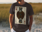 Grey t-shirt with Queen of Hearts card featuring a dog wearing a crown.