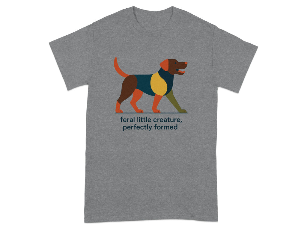 Grey t-shirt with a multi-colored abstract dog graphic and text.