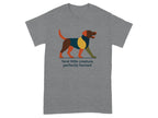 Grey t-shirt with a multi-colored abstract dog graphic and text.