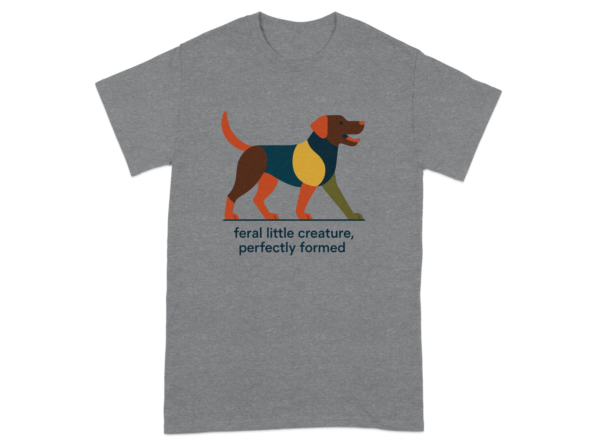 Grey t-shirt with a multi-colored abstract dog graphic and text.