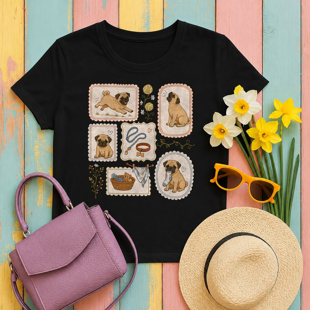 Cute Pug Dog Collage T-Shirt in Black