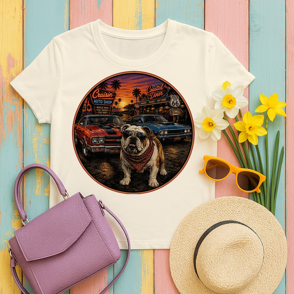 English Bulldog — Cruisin' Coastal Bulldog Graphic T-Shirt in Natural
