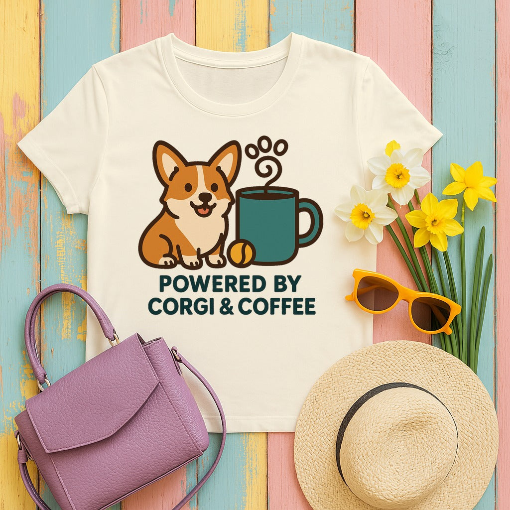 Corgi & Coffee Powered Whimsical T-Shirt in Natural