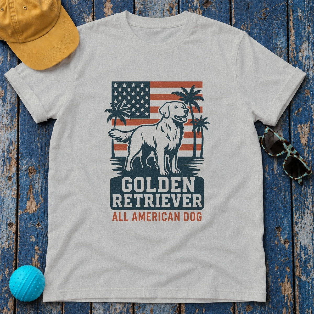 Golden Retriever All American Dog with Flag and Palms T-Shirt in Sport Grey