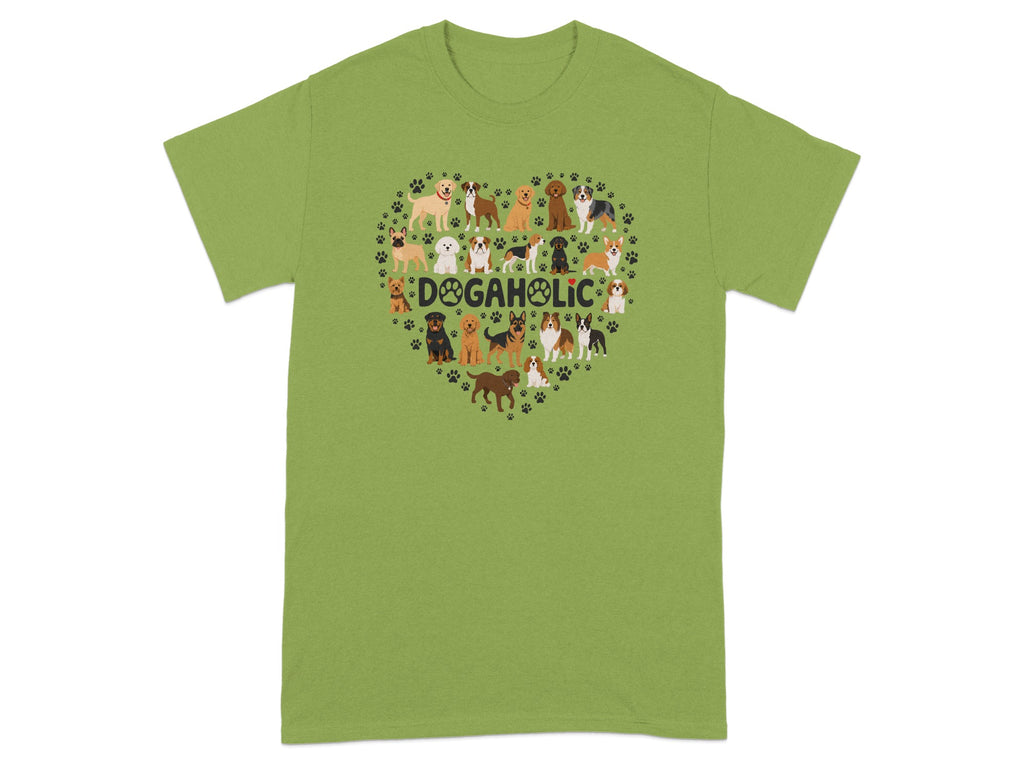 Green t-shirt with heart shape formed by many small dogs and paw prints.