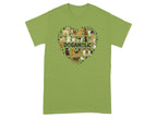 Green t-shirt with heart shape formed by many small dogs and paw prints.