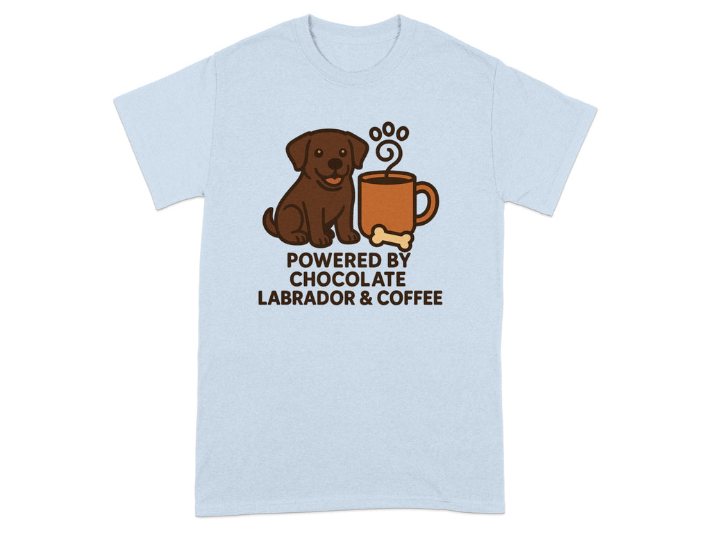 Light blue t-shirt with a cartoon brown Labrador and coffee cup, reads "Powered by Chocolate Labrador & Coffee".