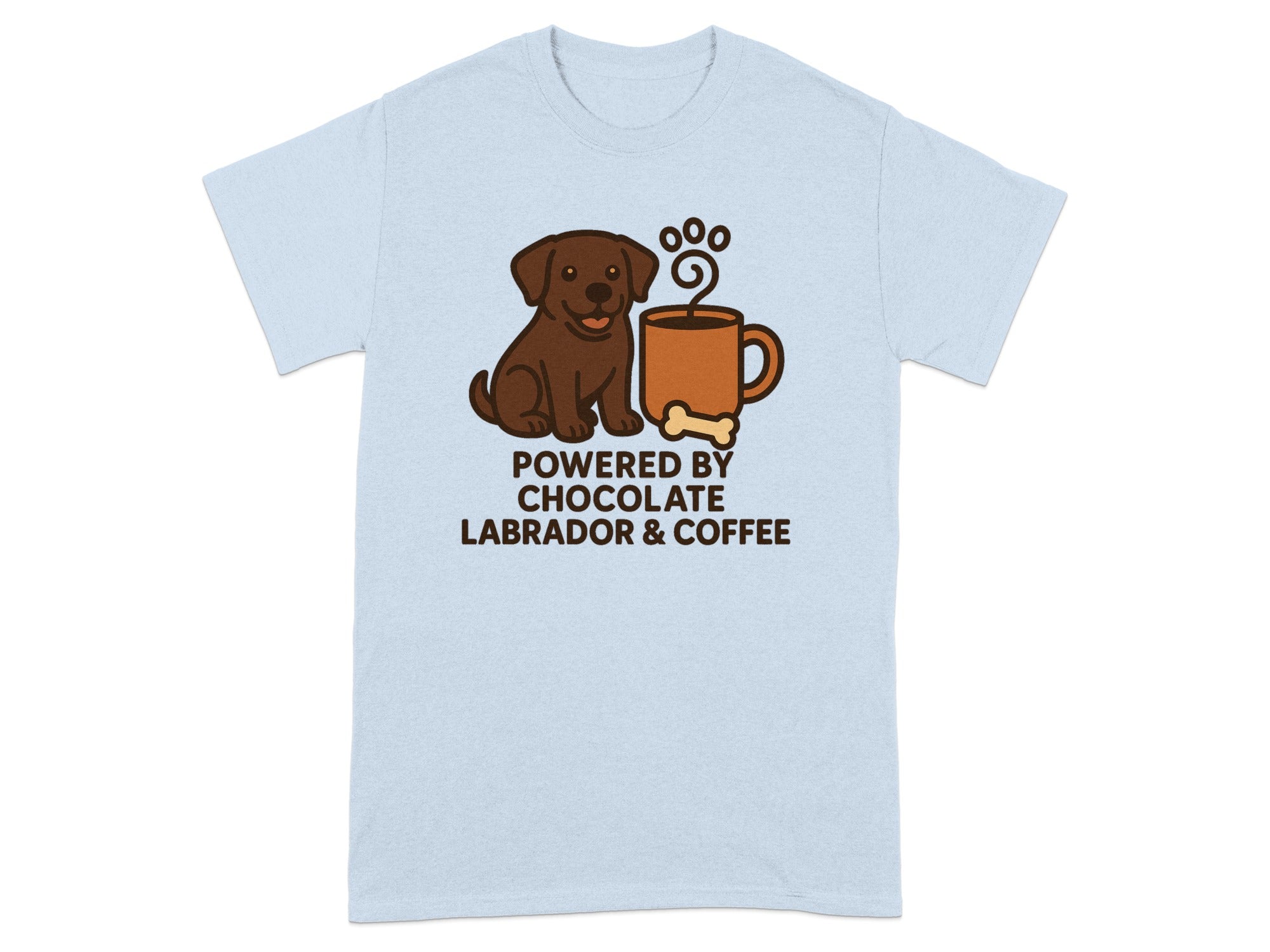 Light blue t-shirt with a cartoon brown Labrador and coffee cup, reads "Powered by Chocolate Labrador & Coffee".