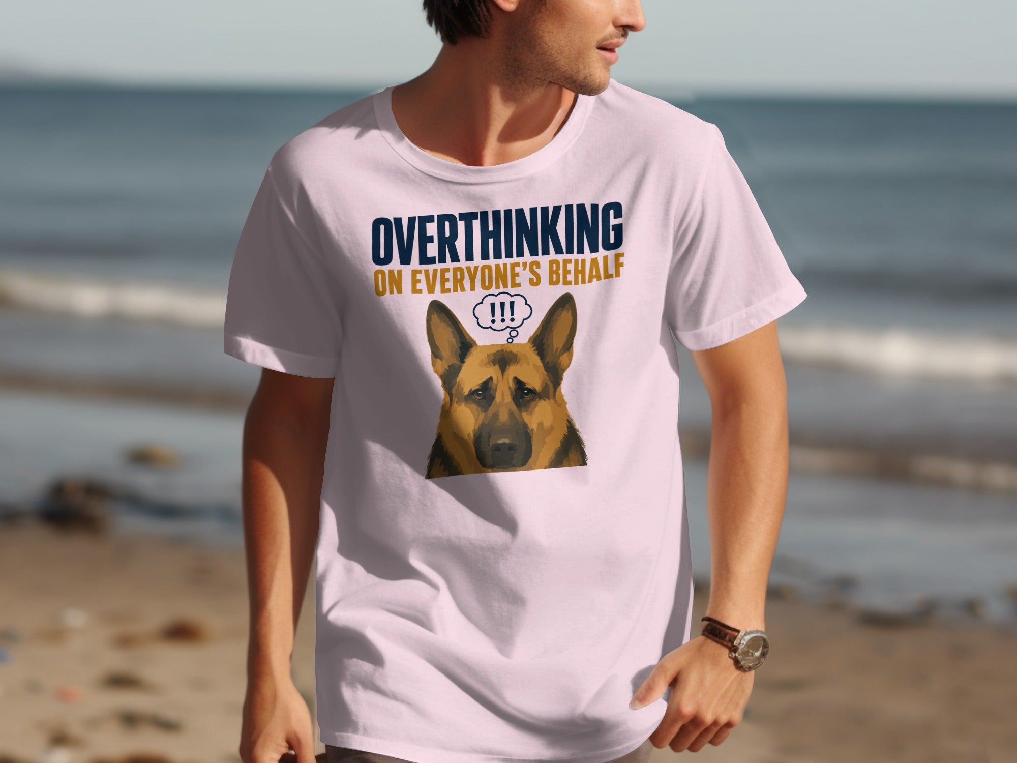 German Shepherd graphic t-shirt with "Overthinking on Everyone's Behalf" text.
