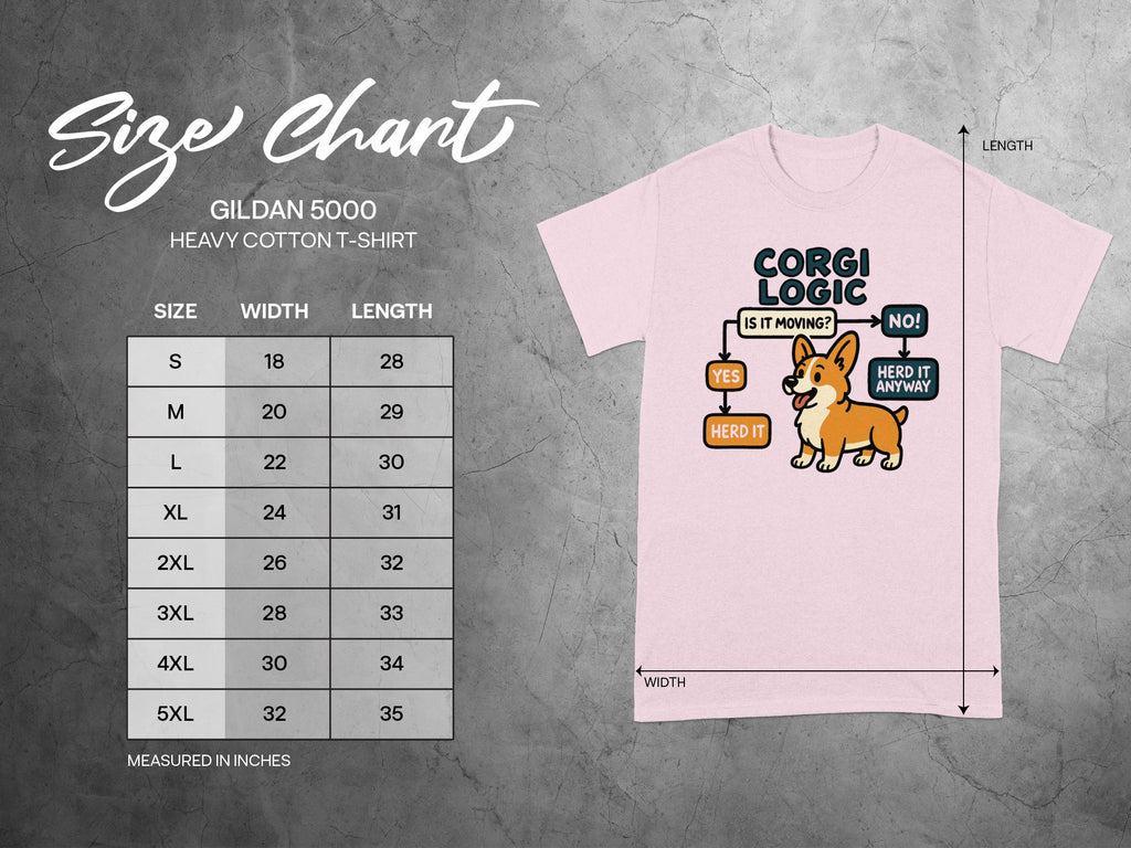 Size chart for Gildan 5000 Heavy Cotton T-shirt with corgi graphic.