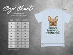 Gildan 5000 Heavy Cotton T-Shirt size chart with French Bulldog graphic.
