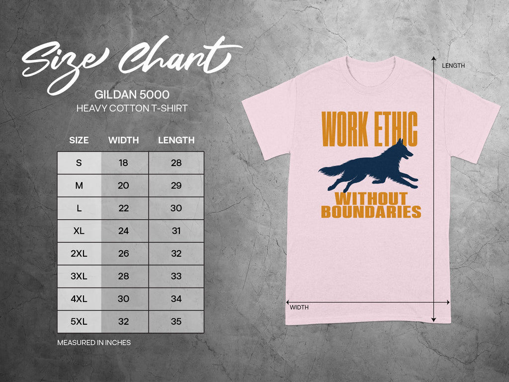 Gildan 5000 t-shirt size chart with "Work Ethic Without Boundaries" graphic.