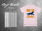 Gildan 5000 t-shirt size chart with "Work Ethic Without Boundaries" graphic.