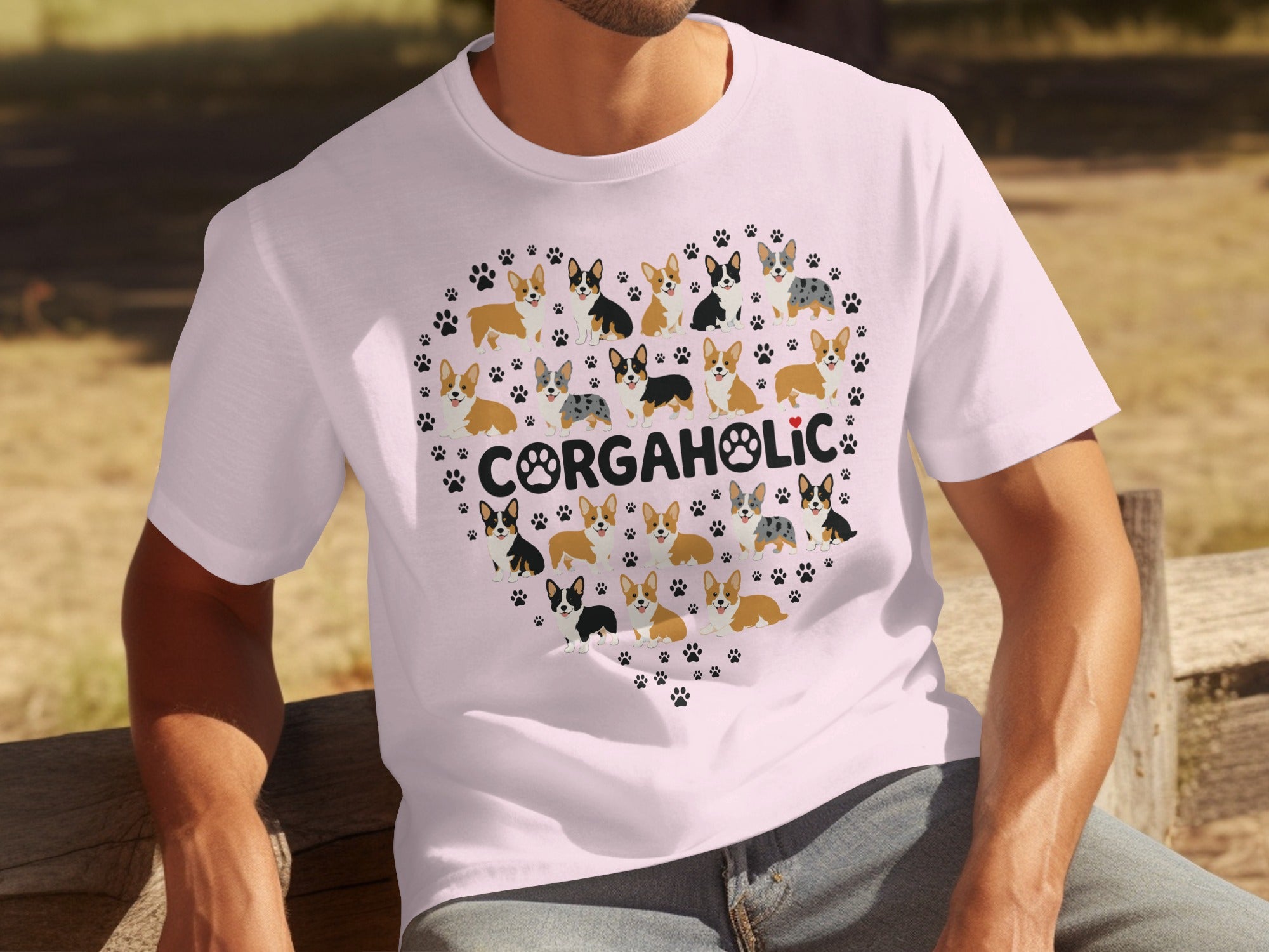 White t-shirt with a heart of corgi dogs and paw prints.