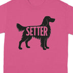 Pink t-shirt with black setter dog silhouette and "SETTER" text.
