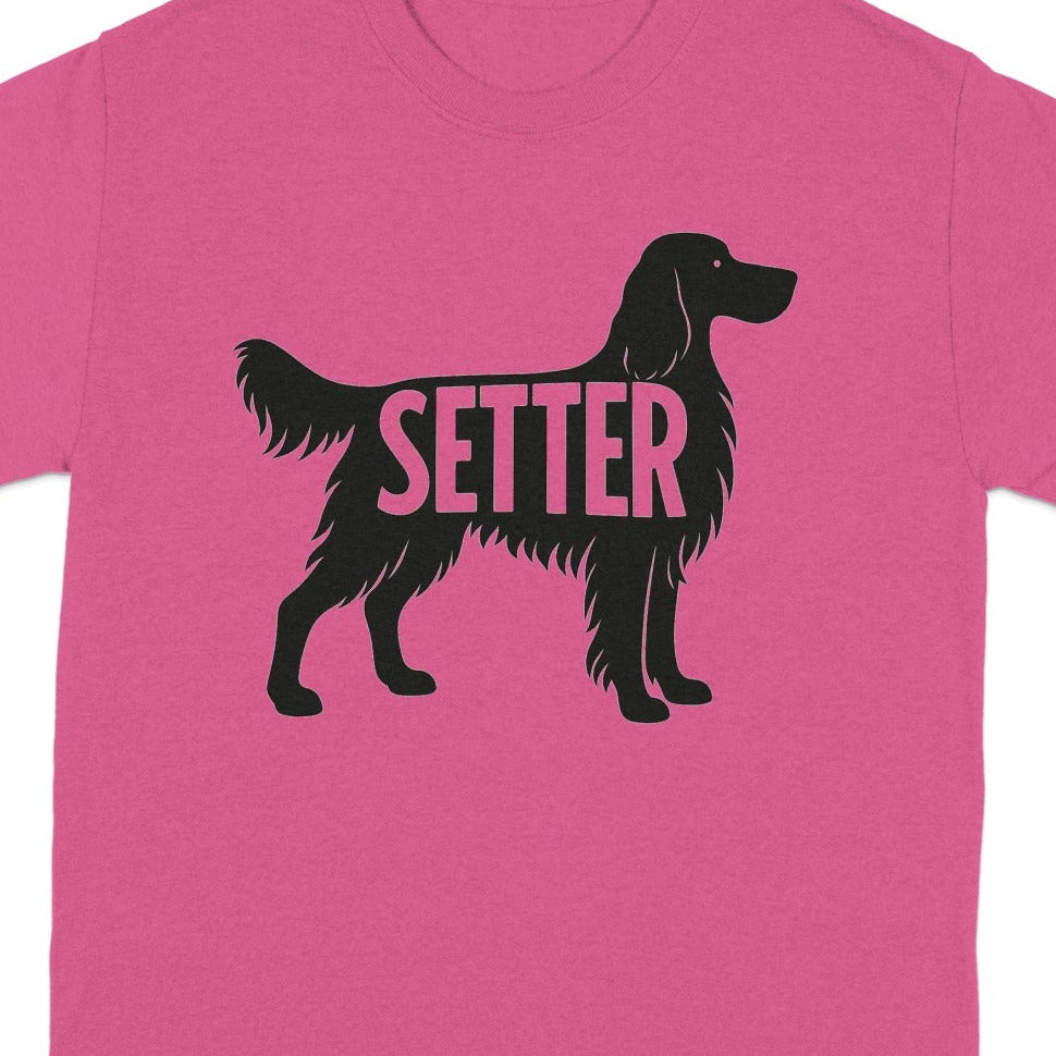 Pink t-shirt with black setter dog silhouette and "SETTER" text.