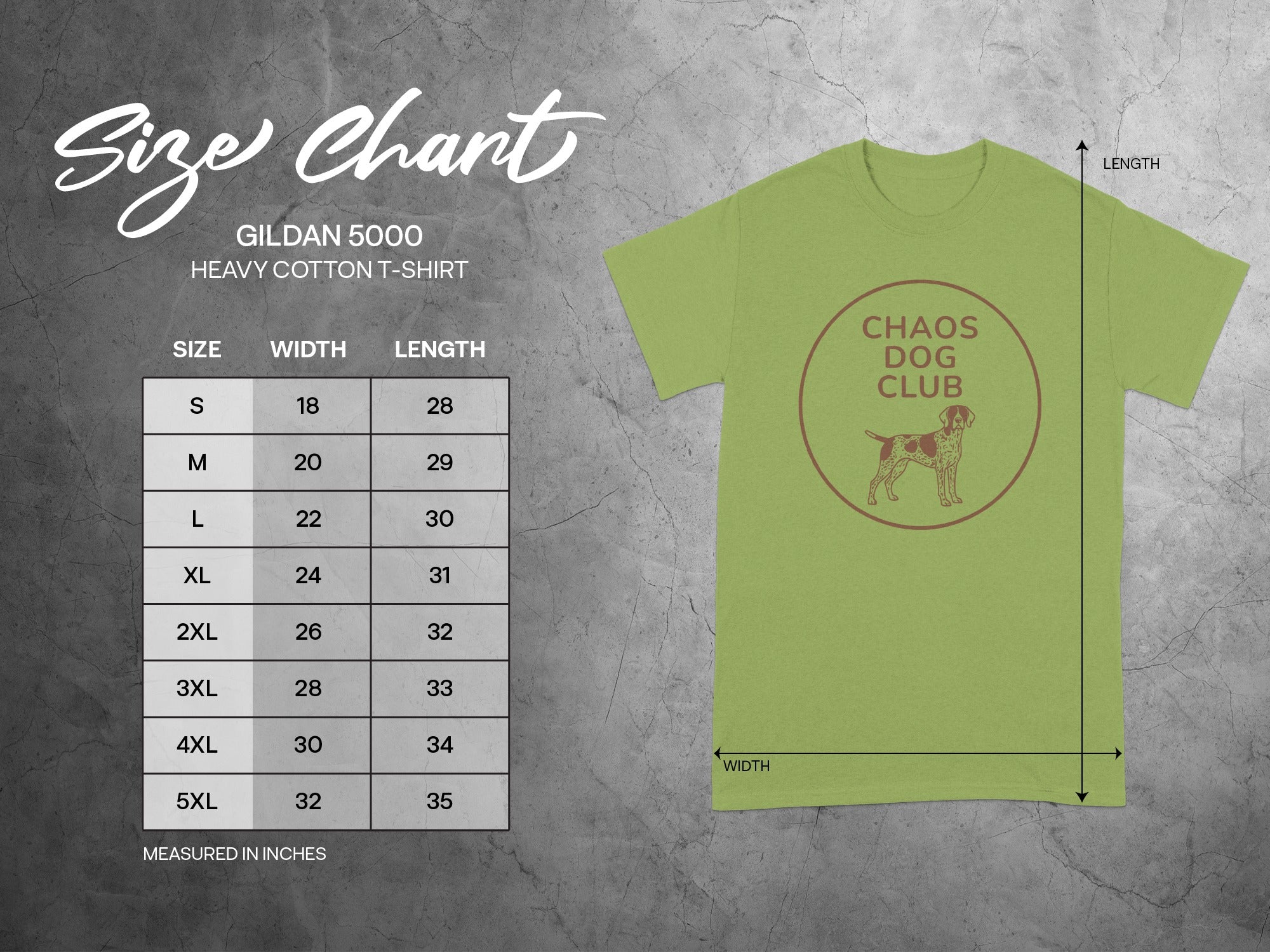 Gildan 5000 heavy cotton t-shirt size chart with Chaos Dog Club logo.